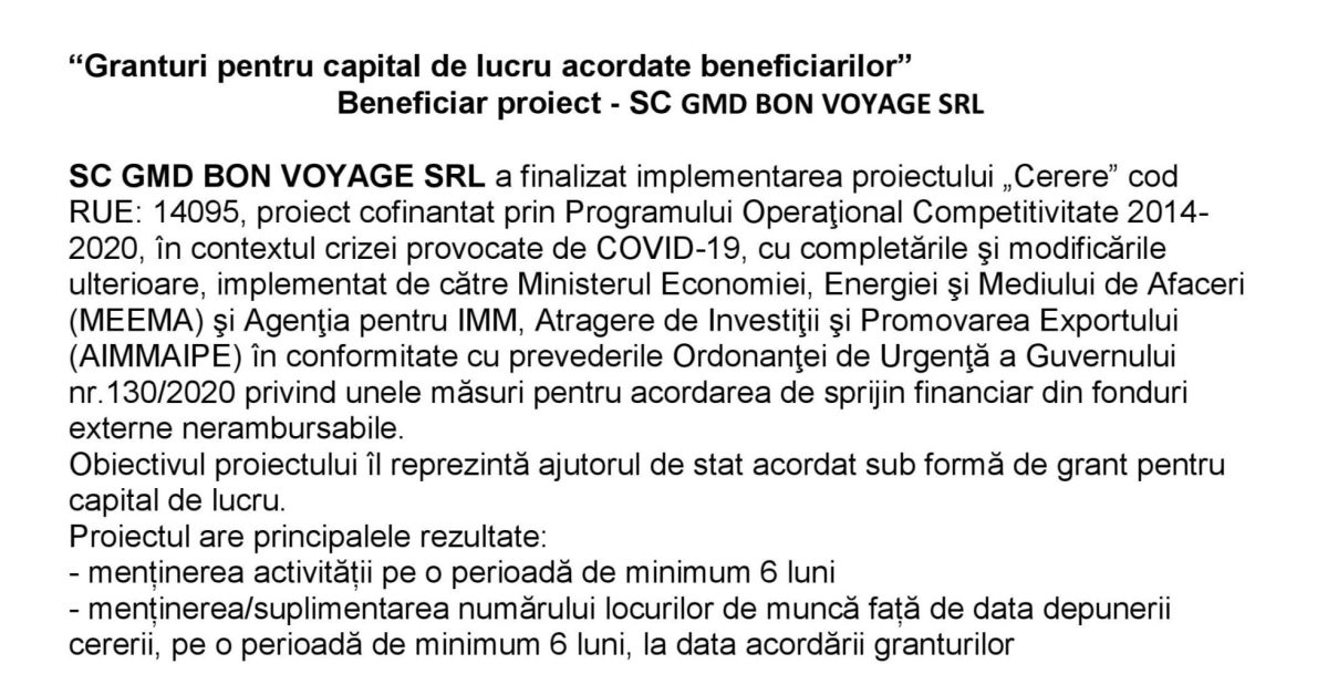 ANUNȚ FINALIZARE PROIECT SC GMD BON VOYAGE SRL Ziarul Argeşul