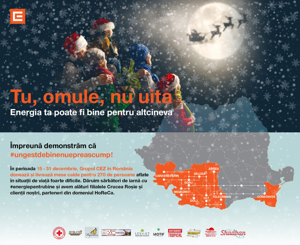 Grupul CEZ în România pune sub brad campania #ungestdebinenuepreascump și asigură mese calde pentru persoane defavorizate din 9 județe, cu sprijinul Crucii Roșii Române