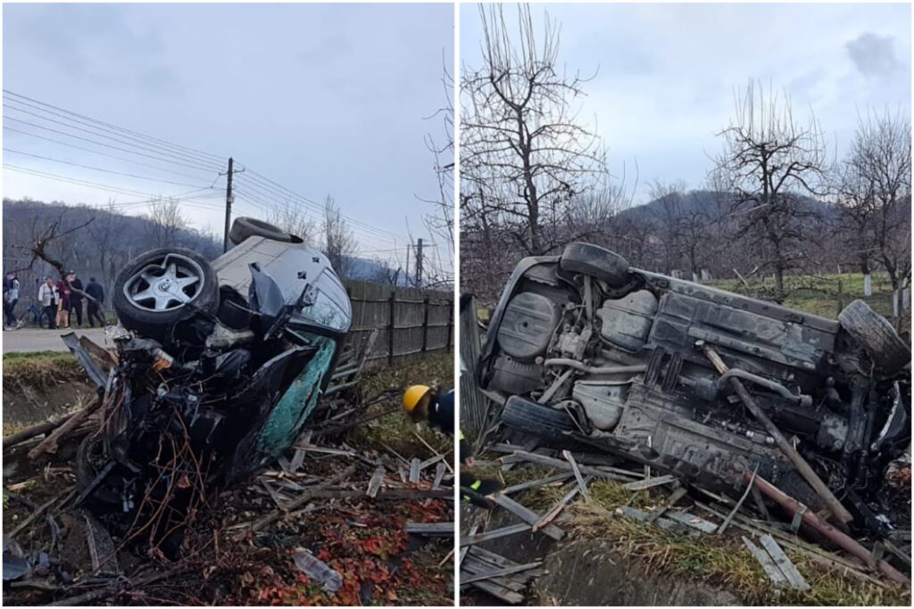 Mașină distrusă total în Argeș, s-a răsturnat peste gard!