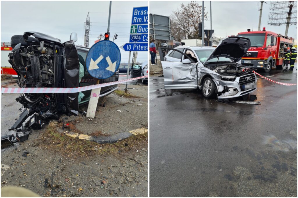Accident în zona Metro Pitești, o mașina este răsturnată