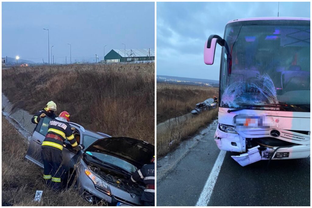 Accident spre uzina Dacia, autocar cu pasageri implicat