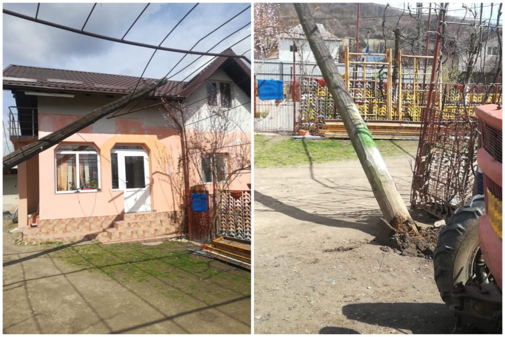 Stâlp de electricitate căzut într-o gospodărie din Argeș