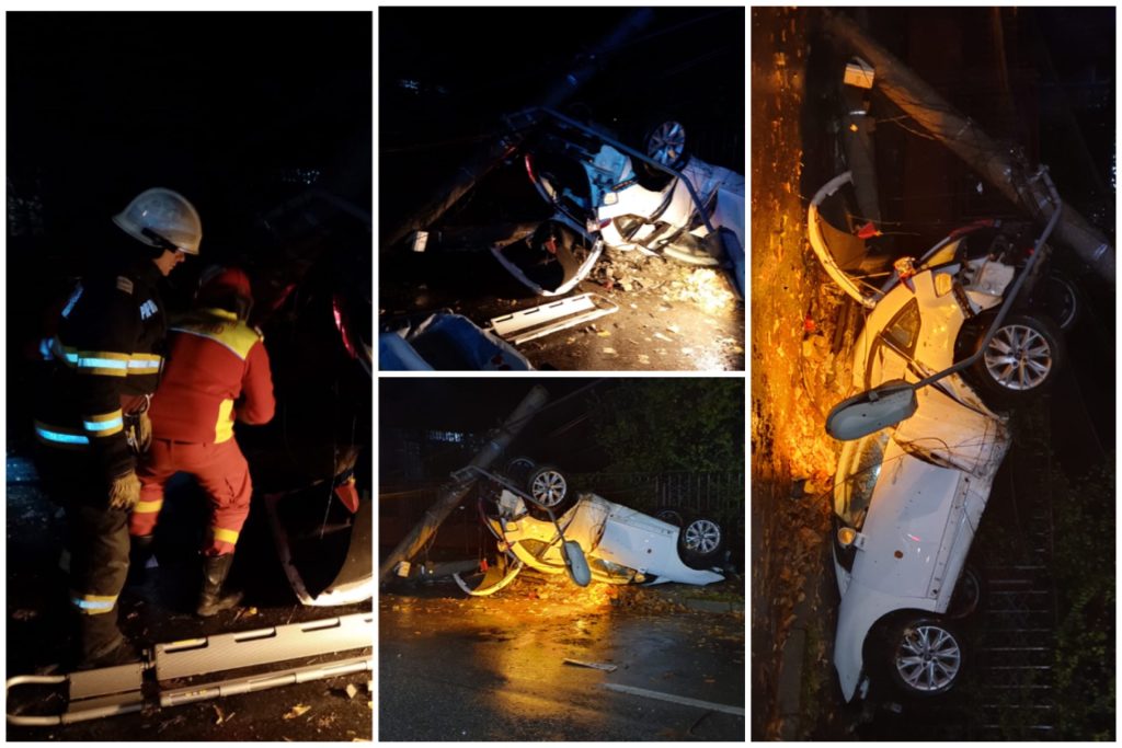 Șofer încarcerat, mașină distrusă într-un stâlp de beton