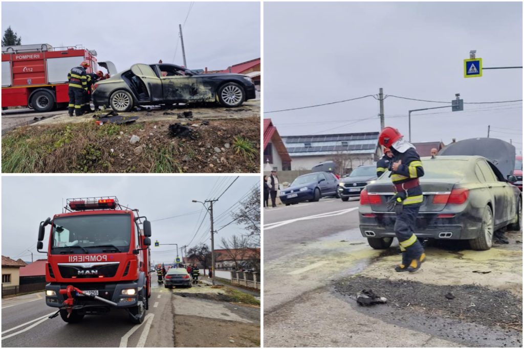 Argeș: Un BMW Seria 7 a luat foc în mers