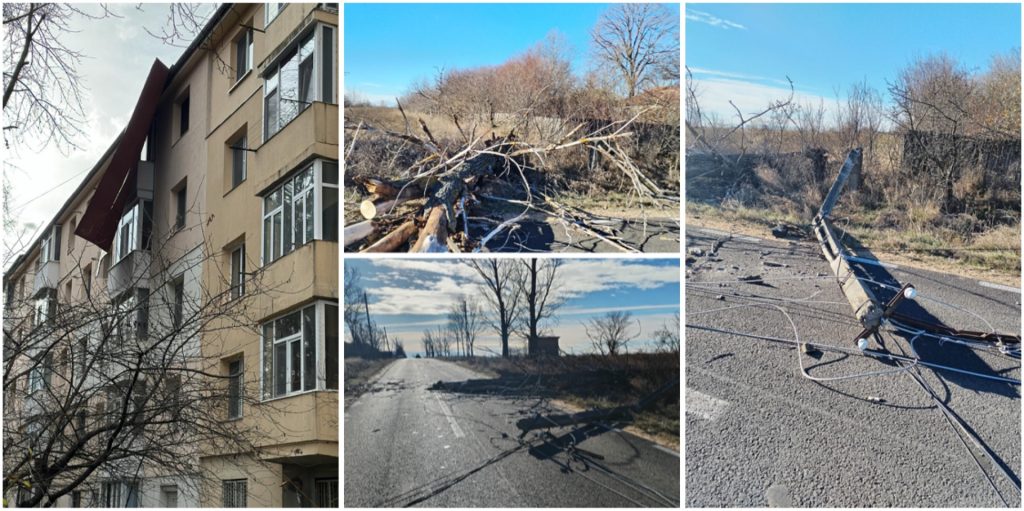 Vânt puternic în Argeș. Copaci și stâlpi căzuți, blocuri afectate