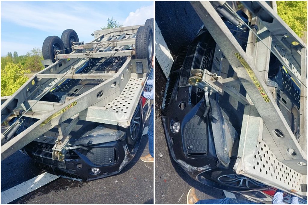 Incident pe autostrada A1, km 114. Platformă răsturnată