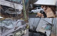 Accident pe A1. Un autotren s-a răsturnat peste un vehicul staționat