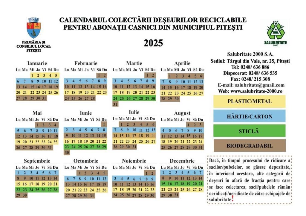 Reamintire: Graficul de colectare a deșeurilor reciclabile pentru abonații casnici din municipiul Pitești, 2025!