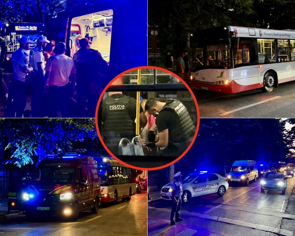 Poza pentru articolul Scandal monstru în centrul Piteștiului: Telefon aruncat în față și spray lacrimogen! Femeie încătușată în autobuz